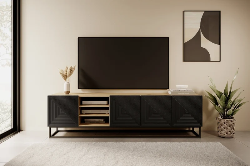 Mobile TV 4 ante in legno laminato con piede in metallo Asha 200x56 cm
