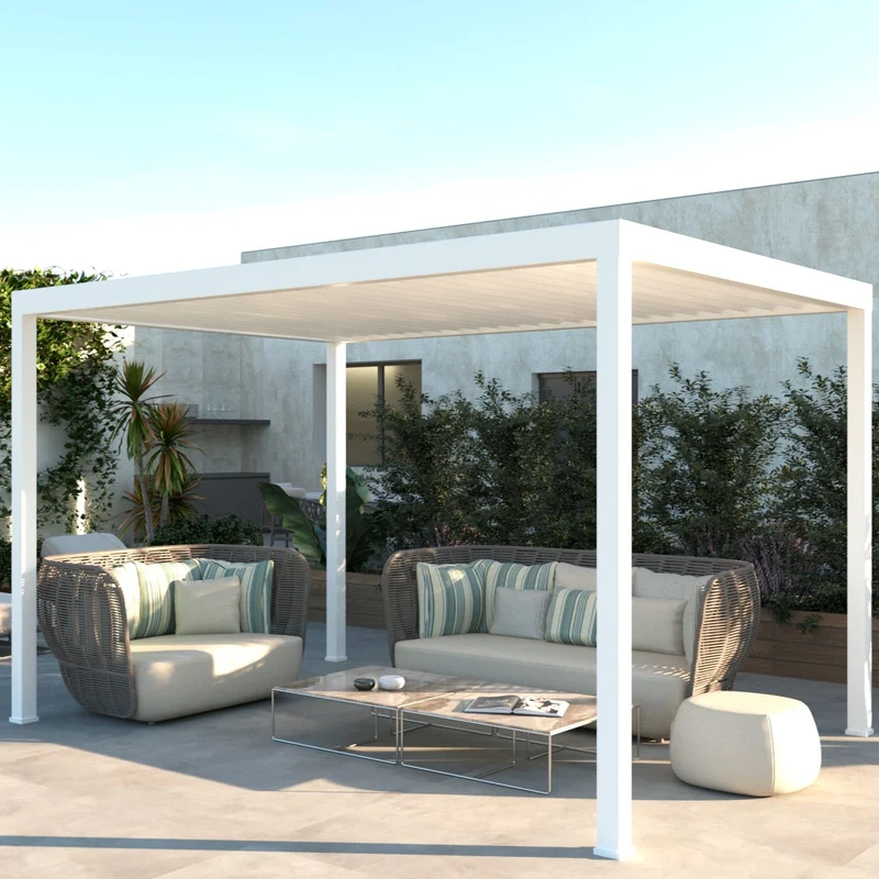 Pergola da giardino in alluminio bianca con lamelle orientabili – Miraia 3x4