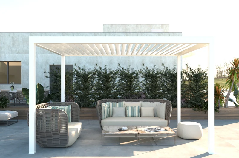Pergola da giardino in alluminio bianca con lamelle orientabili – Miraia 3x4