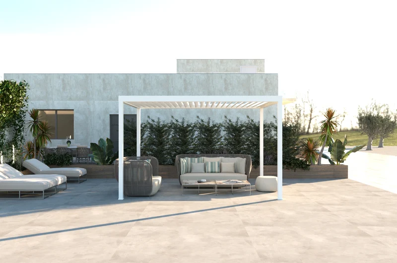 Pergola da giardino in alluminio bianca con lamelle orientabili – Miraia 3x4