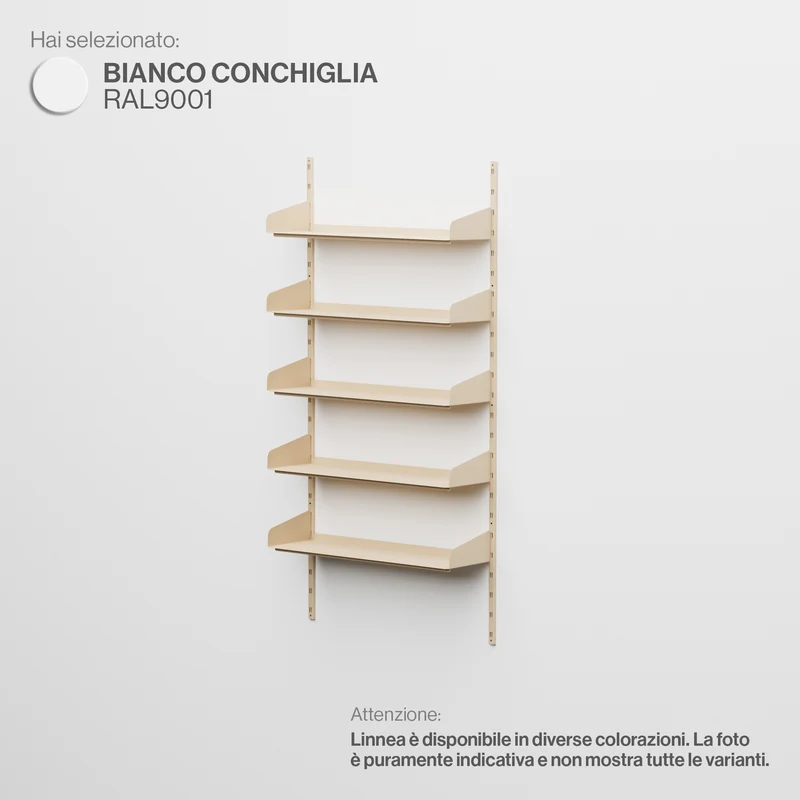 Linnea - Sistema Modulare a Parete con 5 mensole da 90 cm, campata singola - Bianco Conchiglia (RAL9001)