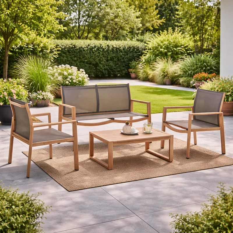 Salotto da giardino completo 4 posti in alluminio effetto legno naturale – Kallen