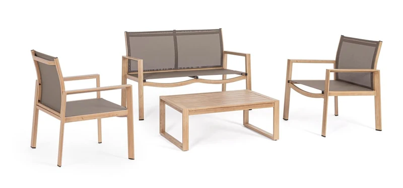 Salotto da giardino completo 4 posti in alluminio effetto legno naturale – Kallen