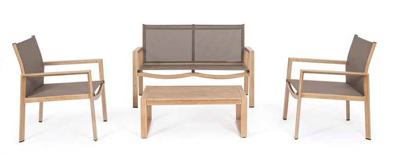 Salotto da giardino completo 4 posti in alluminio effetto legno naturale – Kallen