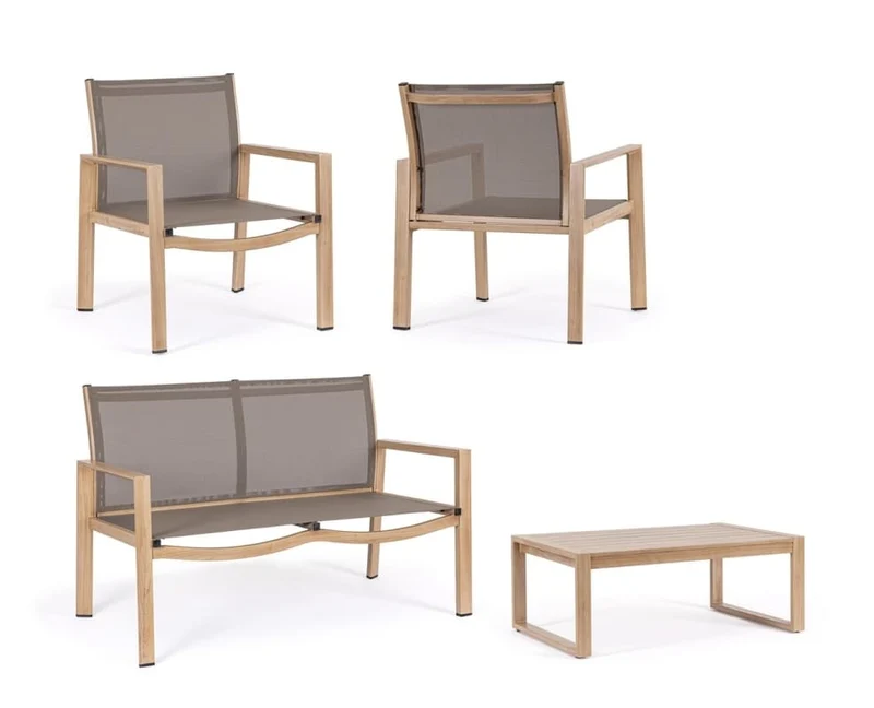 Salotto da giardino completo 4 posti in alluminio effetto legno naturale – Kallen