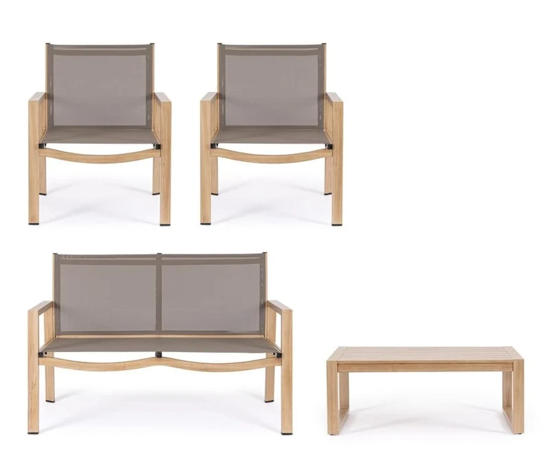 Salotto da giardino completo 4 posti in alluminio effetto legno naturale – Kallen