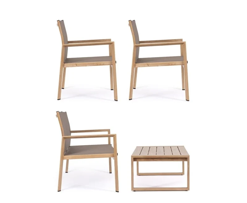 Salotto da giardino completo 4 posti in alluminio effetto legno naturale – Kallen