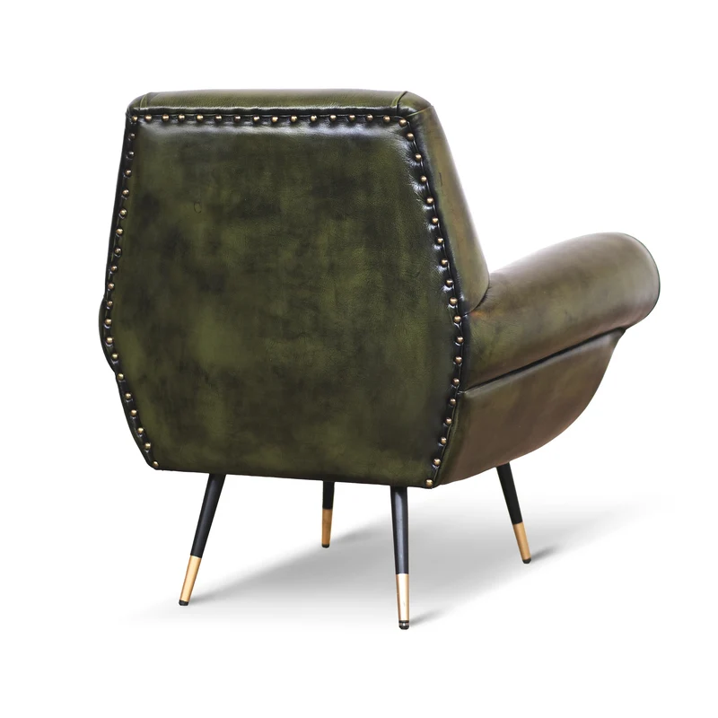 Poltrona design vintage Vico pelle fiore verde stile old America rifinita a mano con borchie anticate e gambe nere e ottone