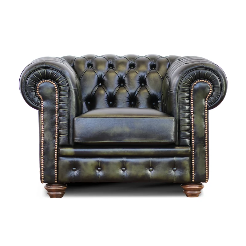 Poltrona Chester pelle fiore verde stile old America rifinita a mano