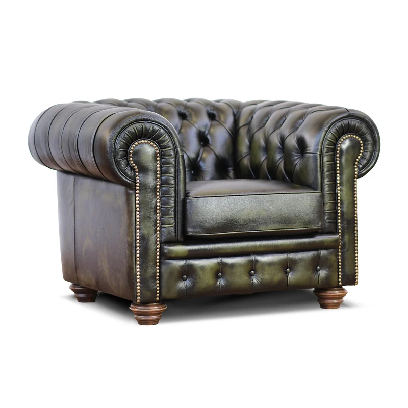 Poltrona Chester pelle fiore verde stile old America rifinita a mano
