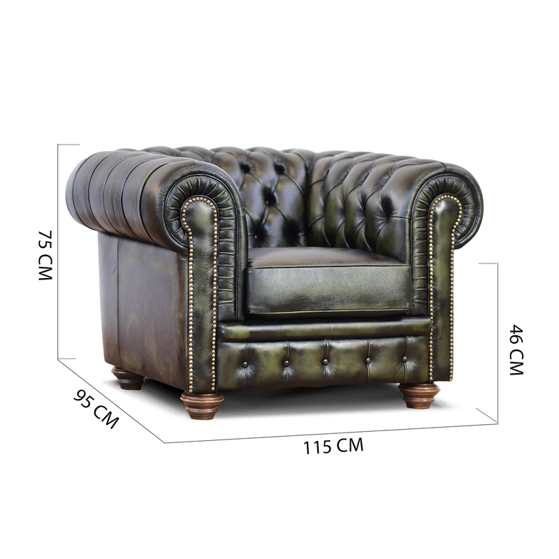 Poltrona Chester pelle fiore verde stile old America rifinita a mano