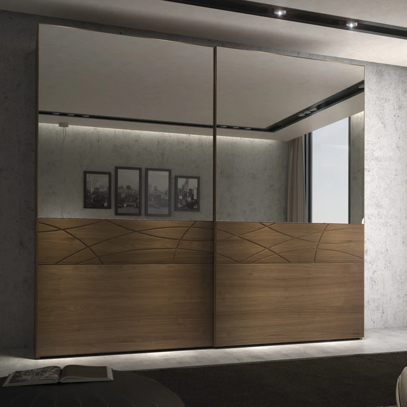 Armadio Contemporaneo Scorrevole in Legno Noce e Specchio Molato
