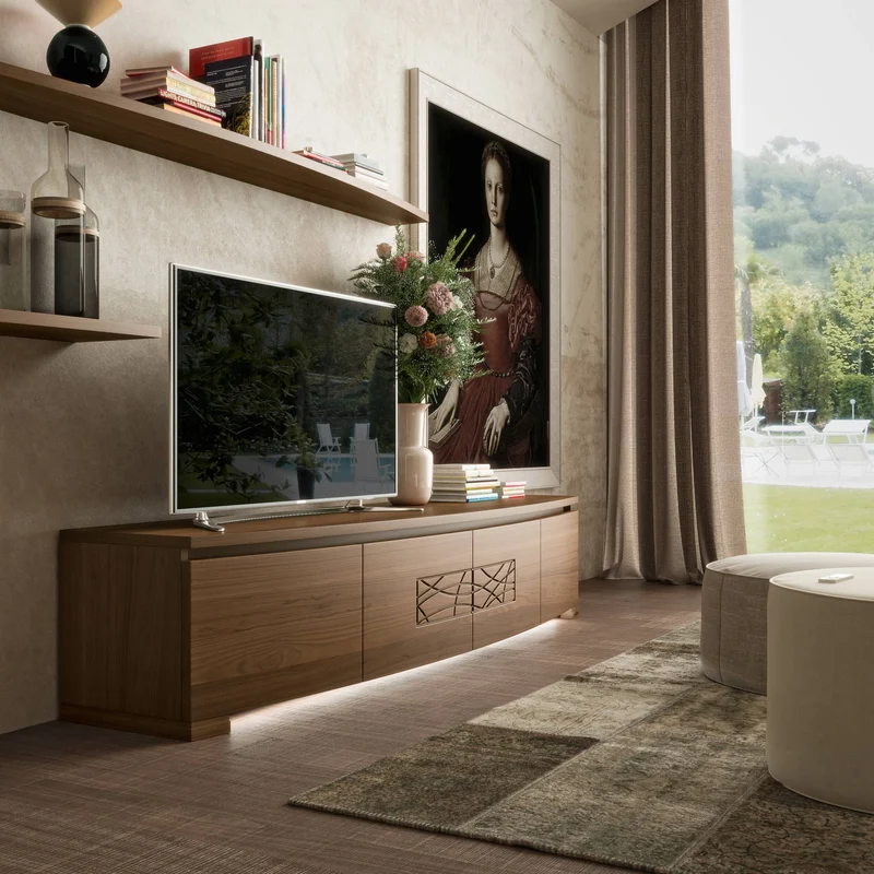 Mobile TV 4 Porte Sagomato in Noce con Decoro Comete e Luci a LED | Modigliani
