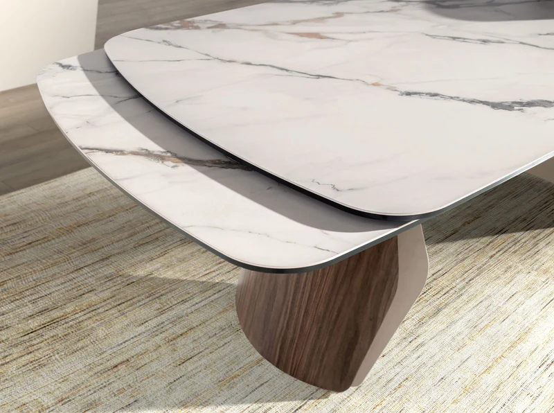 Tavolo da pranzo allungabile ovale a botte in marmo porcellanato, acciaio color sabbia metallizzato e legno di noce