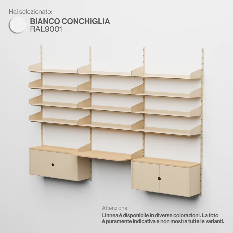 Linnea - Sistema Modulare a Parete -con 12 Mensole da 90 cm, 2 Moduli Contenitore e Scrivania Sospesa, campata tripla - Bianco Conchiglia (RAL9001)