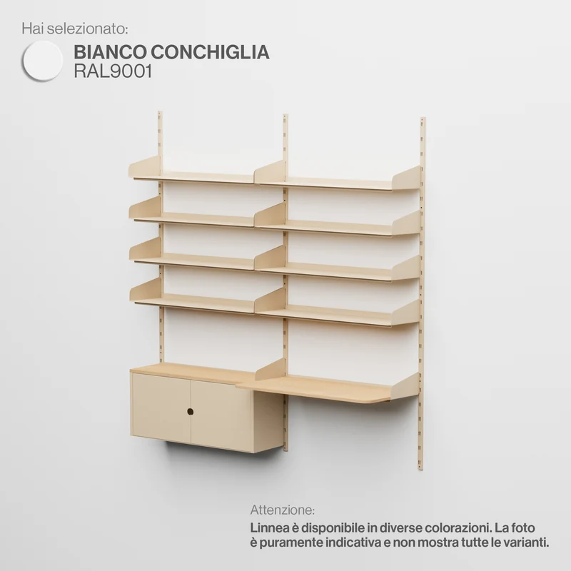 Linnea - Sistema Modulare a Parete -con 8 Mensole da 90 cm, 1 Modulo Contenitore e Scrivania Sospesa, campata doppia - Bianco Conchiglia (RAL9001)