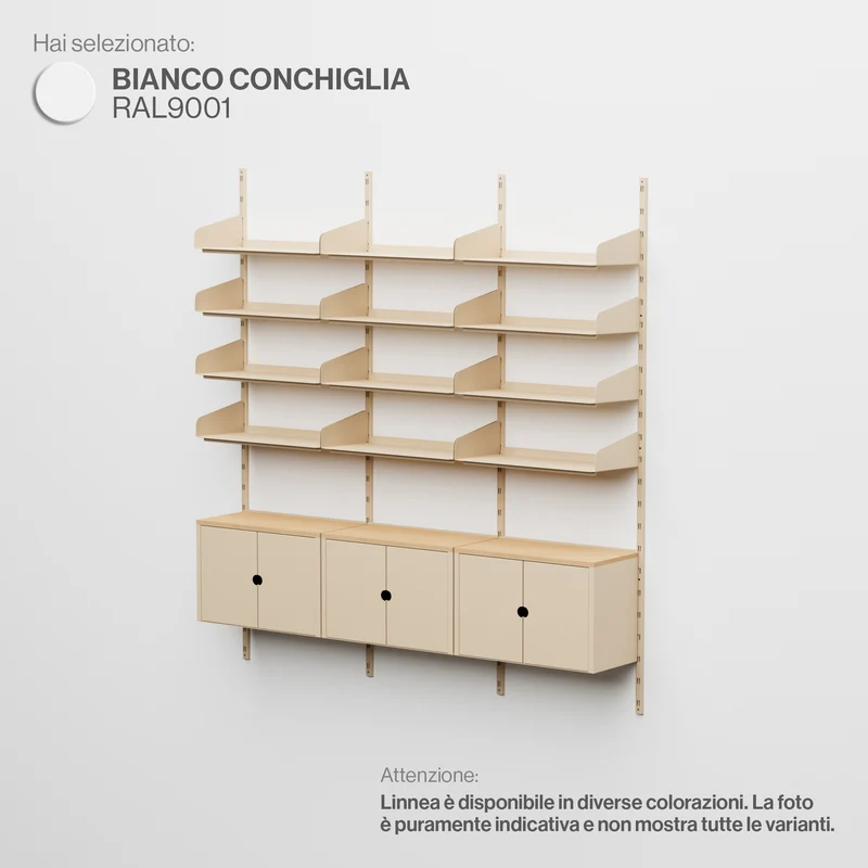 Linnea - Sistema Modulare a Parete - 12 Mensole 60 cm e 3 Moduli Contenitore, Campata Tripla- Bianco Conchiglia (RAL9001)