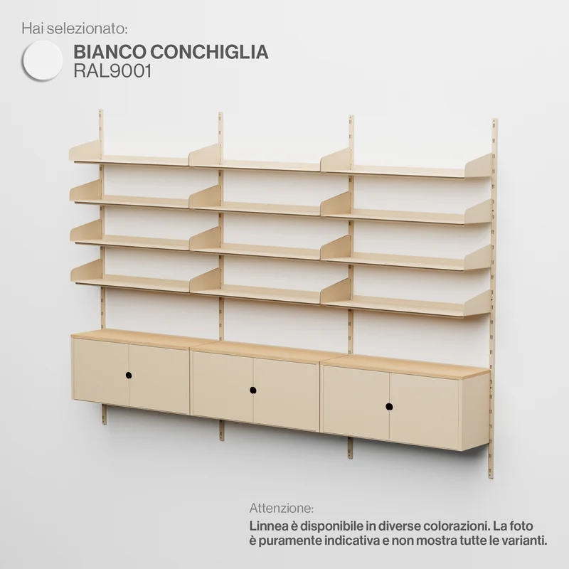 Linnea - Sistema Modulare a Parete - 12 Mensole 90 cm e 3 Moduli Contenitore, Campata Tripla- Bianco Conchiglia (RAL9001)