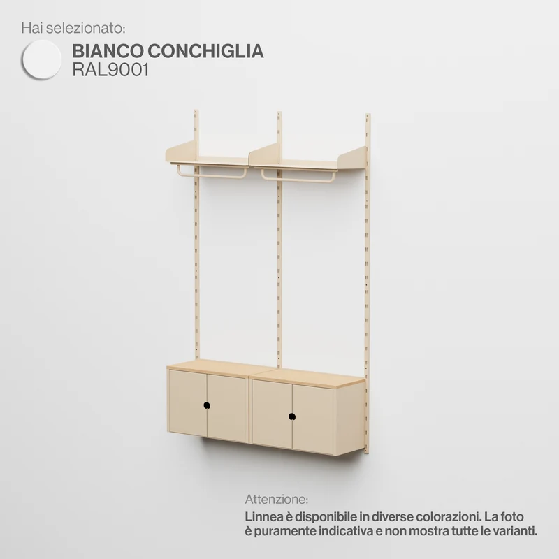 Linnea - Sistema Modulare a Parete con 2 barre appendiabiti e 2 moduli contenitore, campata doppia (larghezza 60 cm) - Bianco Conchiglia