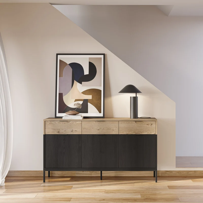 Madia 3 ante 3 cassetti nero e rovere Maris 150x80 cm