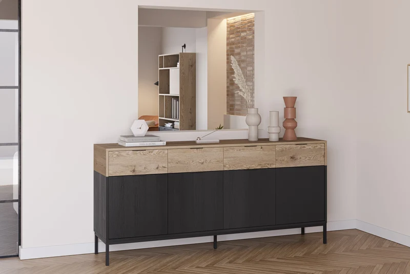 Madia 4 ante 4 cassetti nero e rovere Maris 180x80 cm