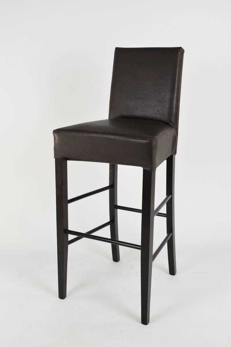Sgabello alto modello Luisa con struttura in legno di faggio verniciata, seduta e schienale imbottiti e rivestiti in pelle artificiale