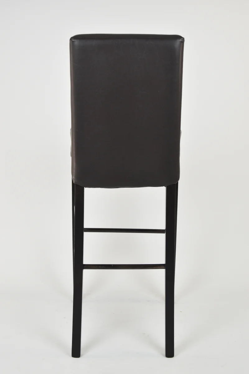 Sgabello alto modello Luisa con struttura in legno di faggio verniciata, seduta e schienale imbottiti e rivestiti in pelle artificiale