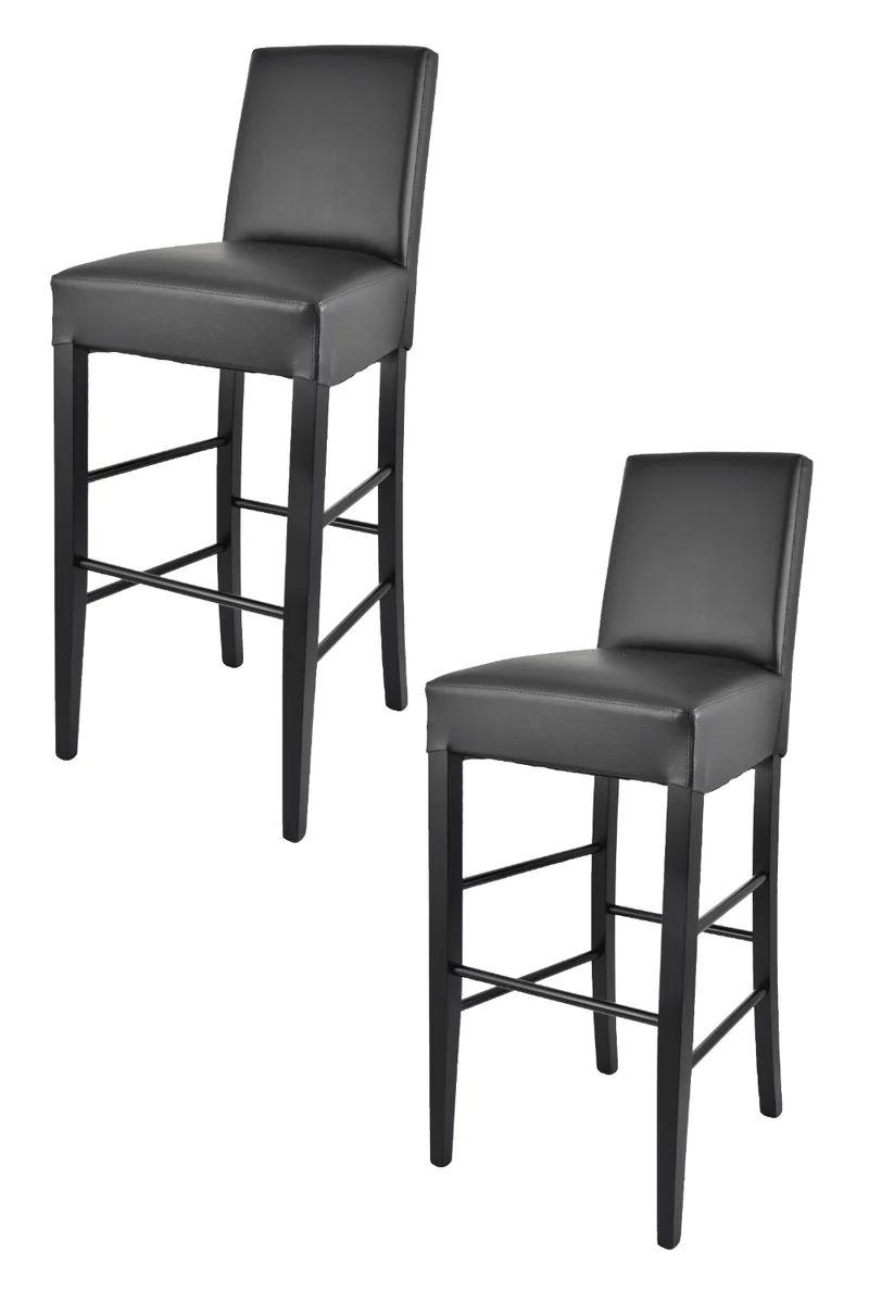 Sgabello alto modello Luisa con struttura in legno di faggio verniciata, seduta e schienale imbottiti e rivestiti in pelle artificiale