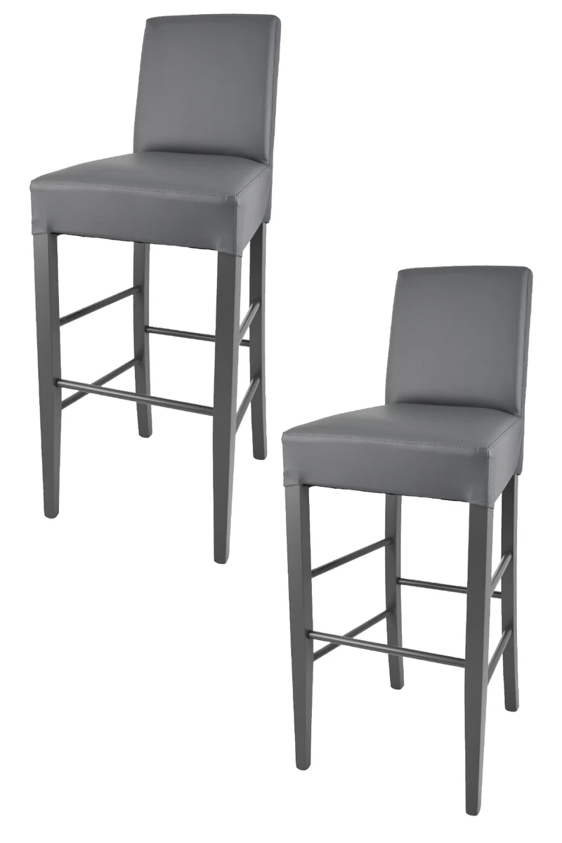 Sgabello alto modello Luisa con struttura in legno di faggio verniciata, seduta e schienale imbottiti e rivestiti in pelle artificiale