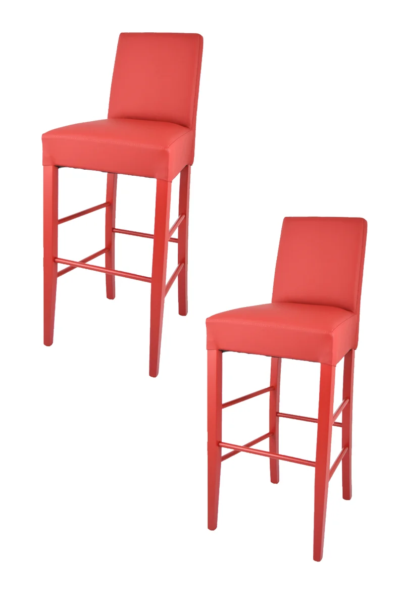 Sgabello alto modello Luisa con struttura in legno di faggio verniciata, seduta e schienale imbottiti e rivestiti in pelle artificiale