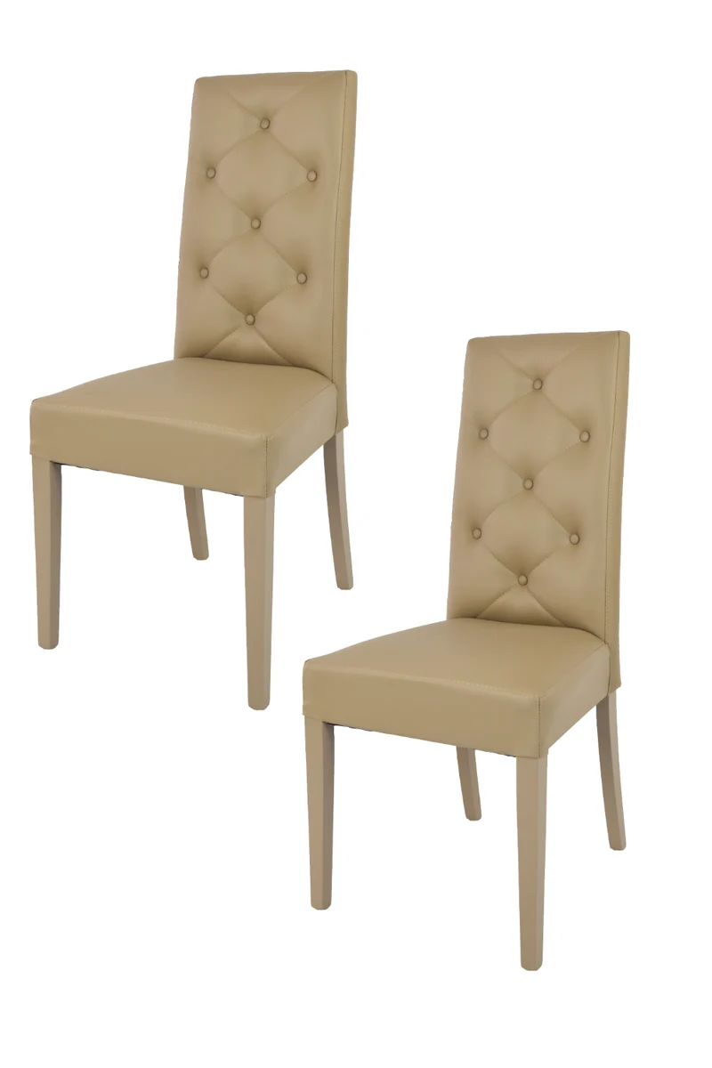 Set sedie modello Chantal con struttura in legno di faggio verniciata, seduta e schienale con bottoni imbottiti e rivestiti in pelle artificiale