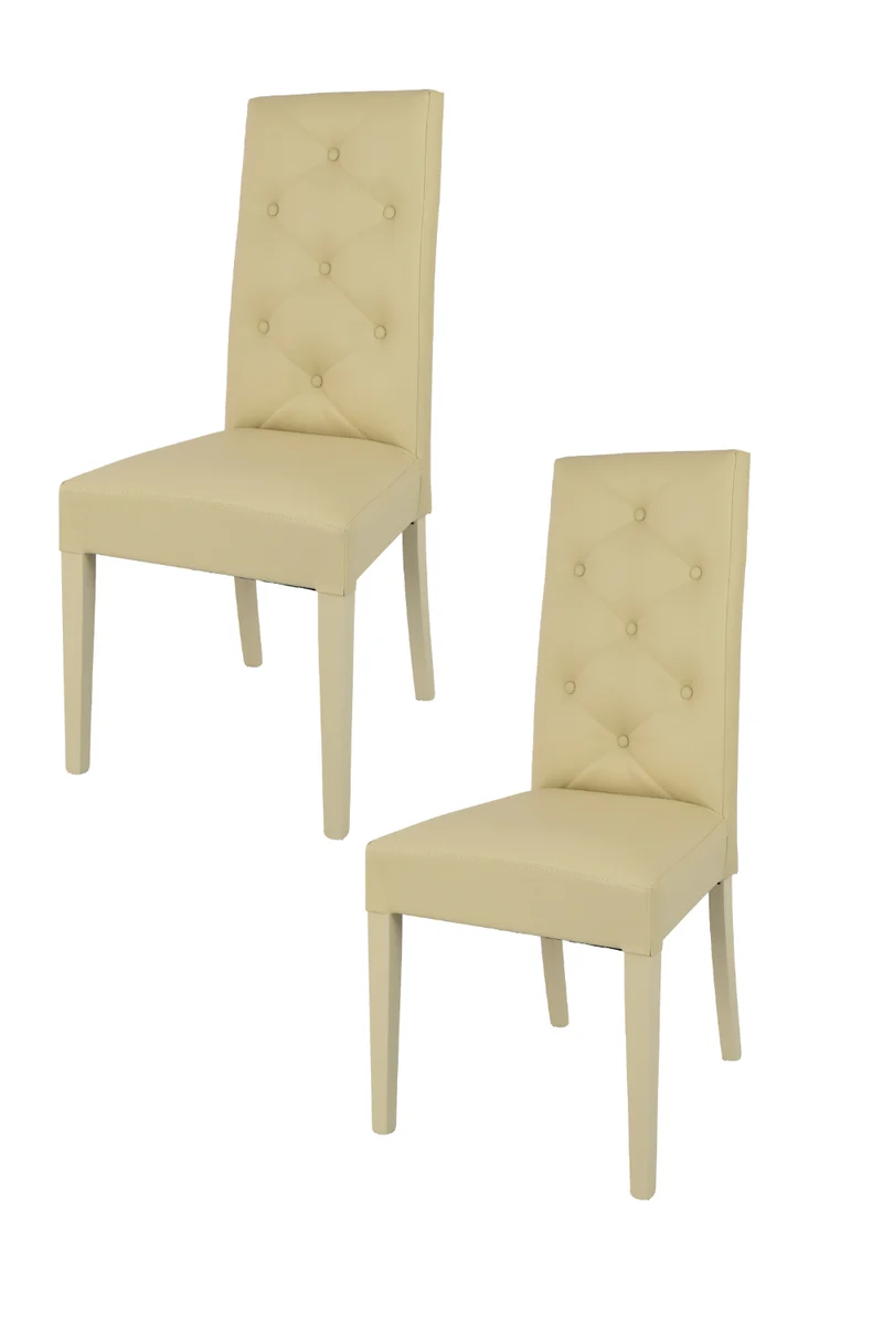 Set sedie modello Chantal con struttura in legno di faggio verniciata, seduta e schienale con bottoni imbottiti e rivestiti in pelle artificiale
