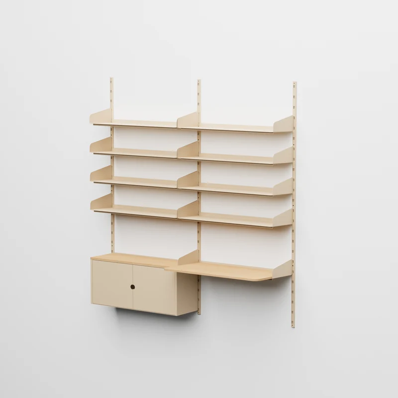 Linnea - Sistema Modulare a Parete - con 8 Mensole da 90 cm, 1 Modulo Contenitore e Scrivania Sospesa, campata doppia - Beige Luxor (COD01183)