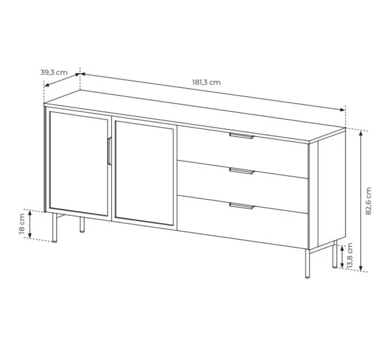 Madia 2 ante 3 cassetti con LED integrato con piede in metallo Lume 181x82 cm