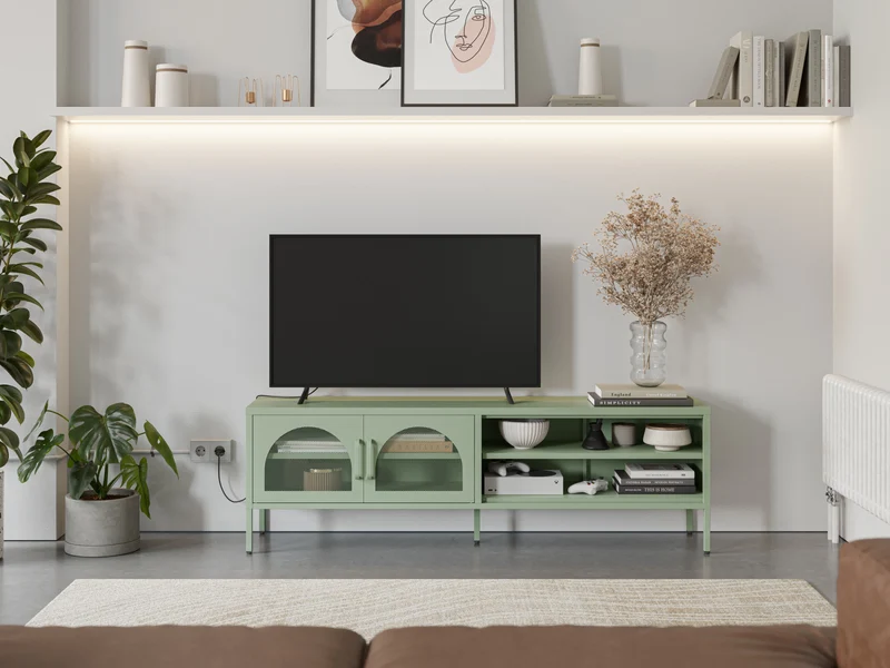 Mobile TV in metallo con ante in vetro e mensole a giorno Diora 160x50 cm