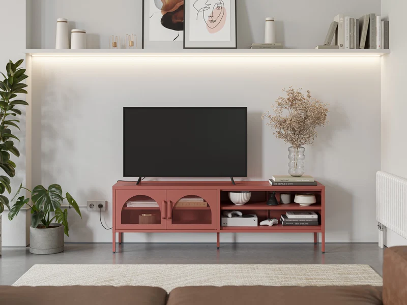Mobile TV in metallo con ante in vetro e mensole a giorno Diora 160x50 cm