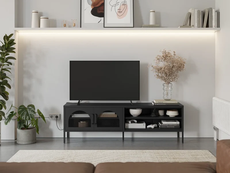 Mobile TV in metallo con ante in vetro e mensole a giorno Diora 160x50 cm