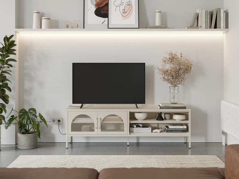 Mobile TV in metallo con ante in vetro e mensole a giorno Diora 160x50 cm
