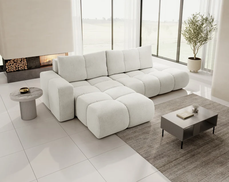 Divano letto angolare in tessuto cinigliato bianco Vienna 286x177 cm