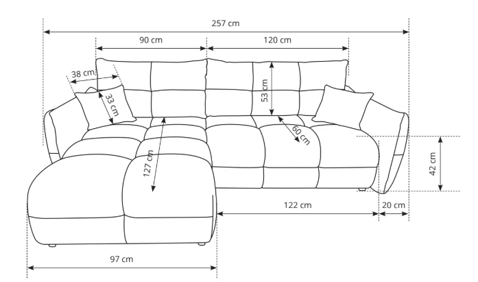 Divano letto angolare in tessuto cinigliato Dublino 257x111/177 cm