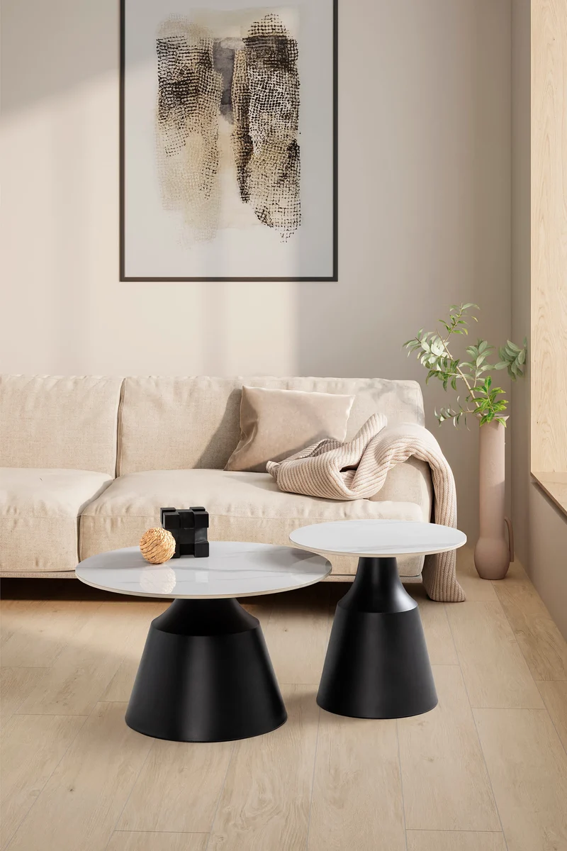 Set di 2 tavolini in pietra bianca Riley 70/50 x 42.5/48.5 cm