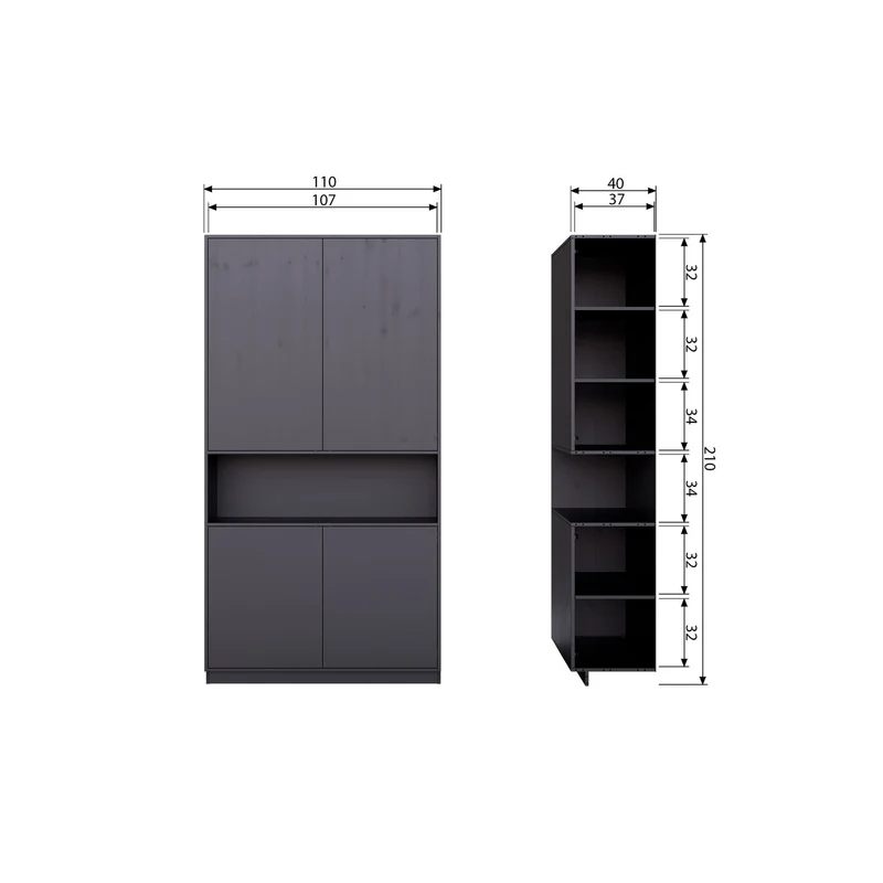 Credenza 4 ante in legno di pino nero Finca