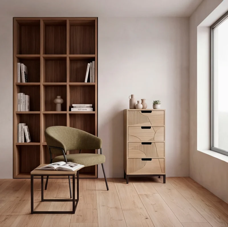 Goethea - Cassettiera in stile scandinavo con 4 cassetti intagliati
