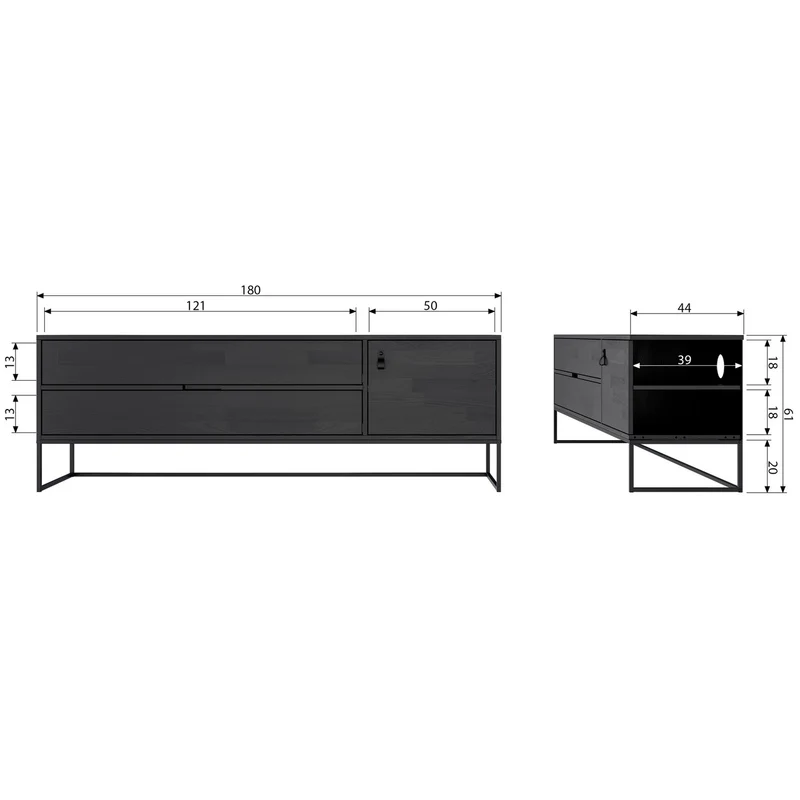 Mobile TV 1 anta 2 cassetti in legno di pino Silas 60x180 cm