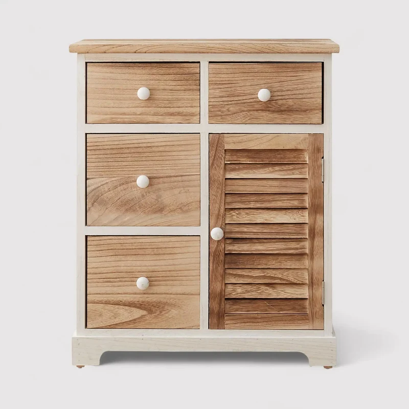 Lino - Credenza bianca con 4 cassetti e 1 anta marroni