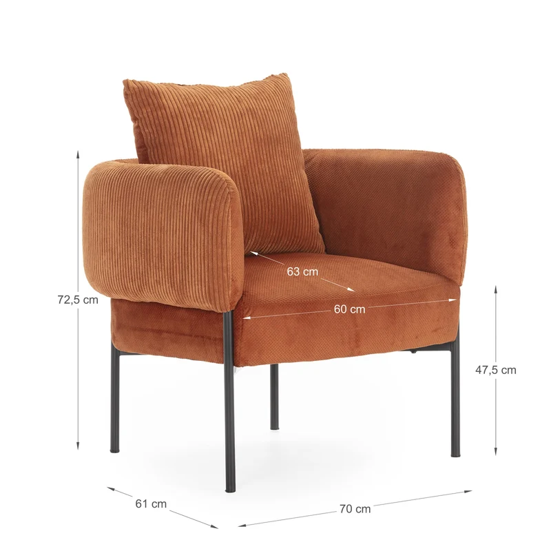 Poltrona in velluto a coste con gambe in metallo Arno 70x61 h72 cm