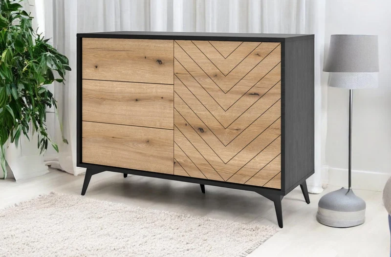 Madia 1 anta e 3 cassetti in legno laminato con piedi in metallo Evoke 104x77 cm