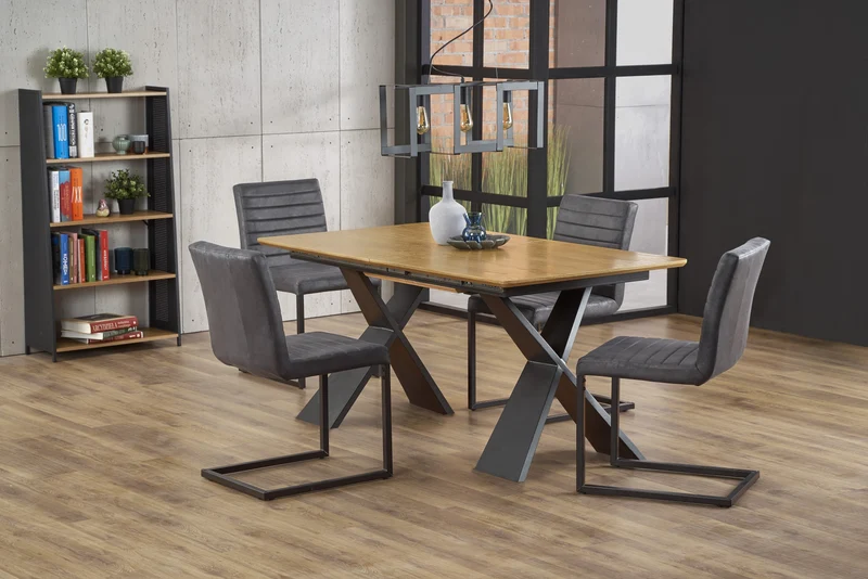 Tavolo allungabile in legno MDF impiallacciato rovere naturale e gambe in acciaio nero Chandler 160x90 cm - allungabile fino a 220 cm