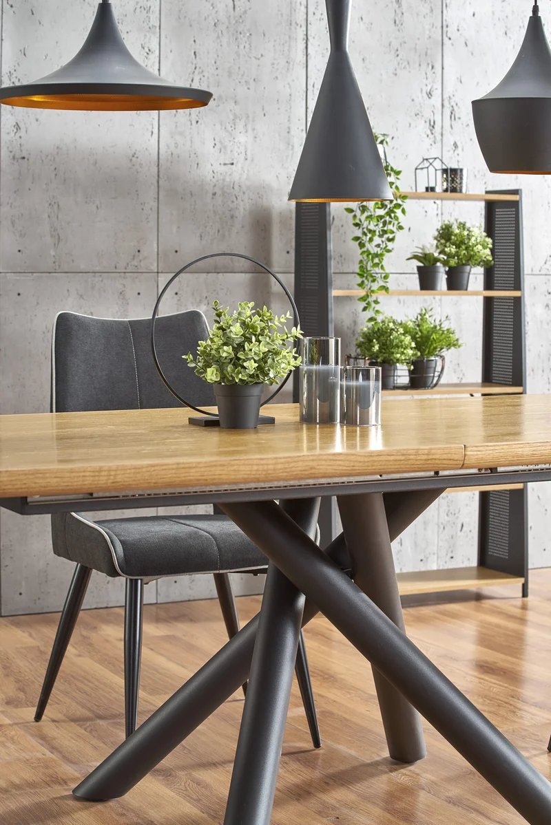 Tavolo allungabile in legno impiallacciato rovere con gambe in acciaio nero Derrick 160x90 cm - allungabile a 200 cm