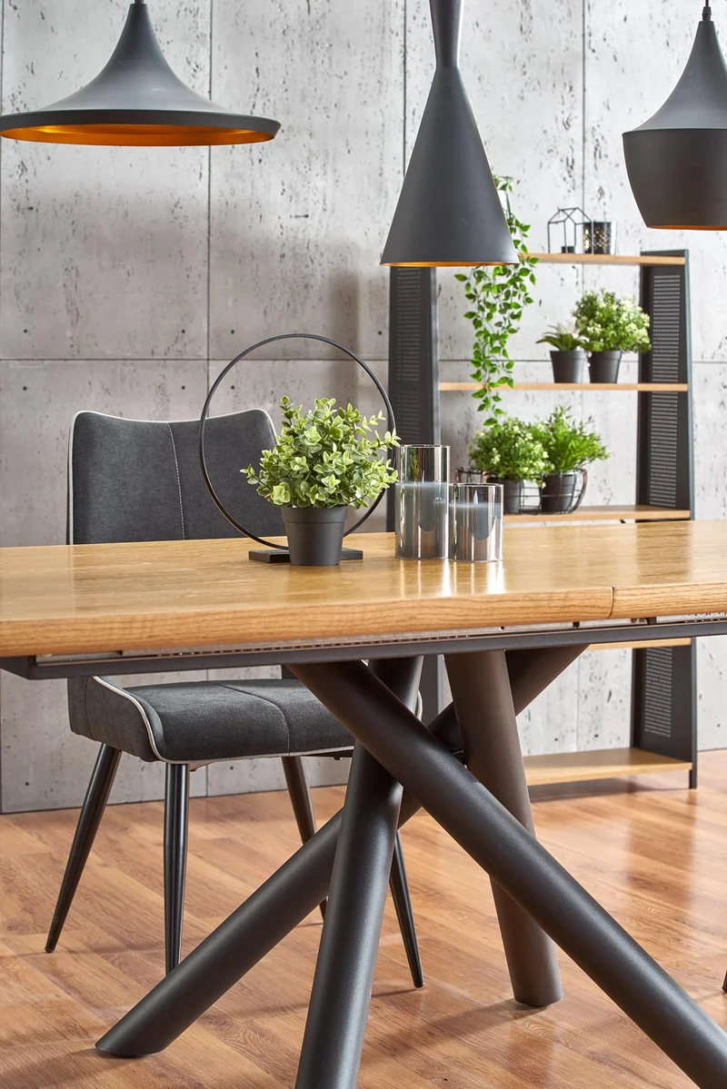 Tavolo allungabile in legno impiallacciato rovere con gambe in acciaio nero Derrick 160x90 cm - allungabile a 200 cm